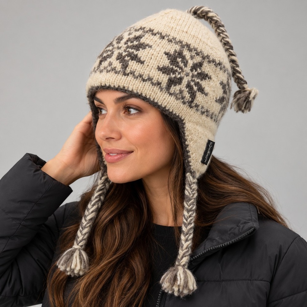 Everest Designs Nepal Wool Earflap Hat Nordic Fair Isle Fleece Lined Cream Gray